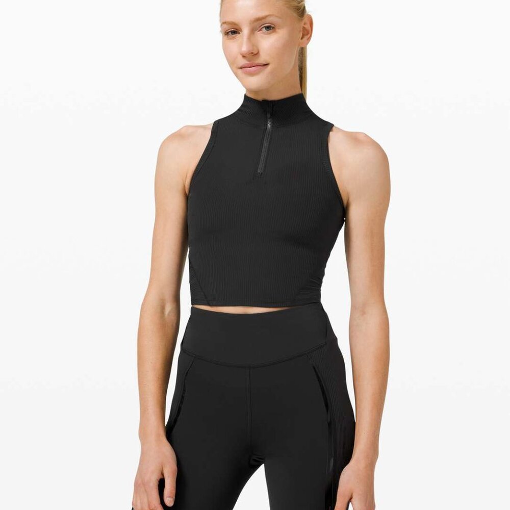Lululemon Rib Zip-Front Cropped Run Tank Top in Black, XS